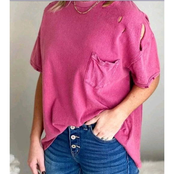 Free People Rubi Ripped Distressed Tee Pink Dragon Berry Pink Size M $58 - Picture 1 of 7